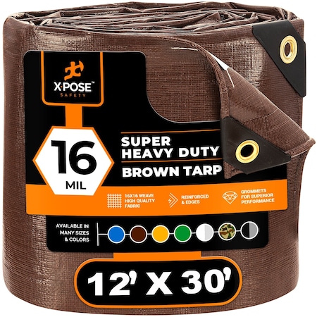 Xpose Safety Heavy Duty Tarp, 12 ft x 30 ft, 16 Mil, Brown, Polyethylene BHD-1230-A